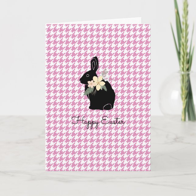 Happy Easter Bunny Silhouette Flowers Houndstooth  Card (Front)