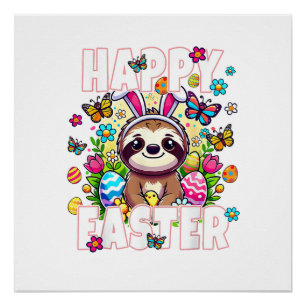 Happy Easter Bunny Sloth Easter Bunny Kids Adult F Poster
