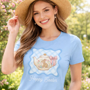 Happy Easter Bunny Teapot Gingham  T-Shirt