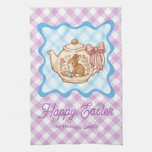 Happy Easter Bunny Teapot Gingham  Tea Towel