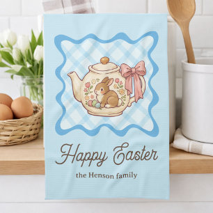 Happy Easter Bunny Teapot Gingham  Tea Towel