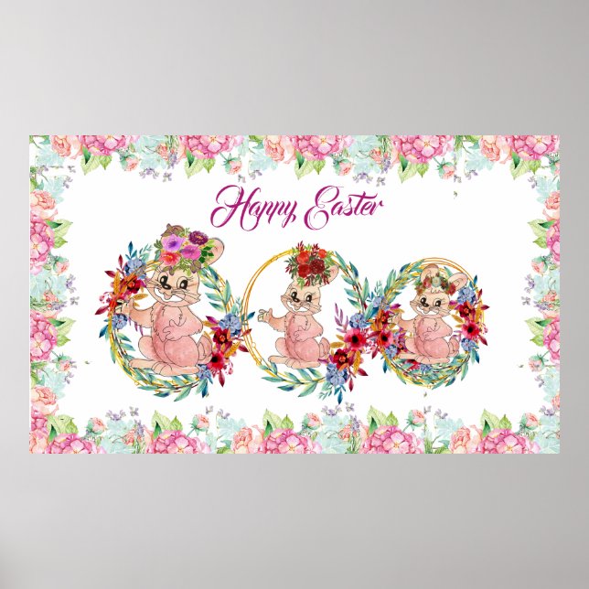 Happy Easter Bunny Watercolor Floral Wreath Kids Poster (Front)