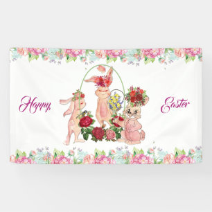 Happy Easter Bunny Watercolor Floral Wreath Party Banner