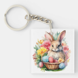 Happy Easter Bunny Watercolor painting Key Ring