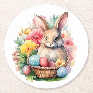 Happy Easter Bunny Watercolor painting Round Paper Coaster