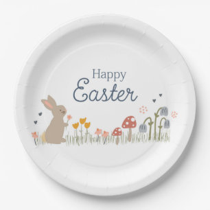 Happy Easter Bunny Wildflowers Cute Holiday Paper Plate