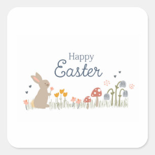 Happy Easter Bunny Wildflowers Cute Holiday Square Sticker