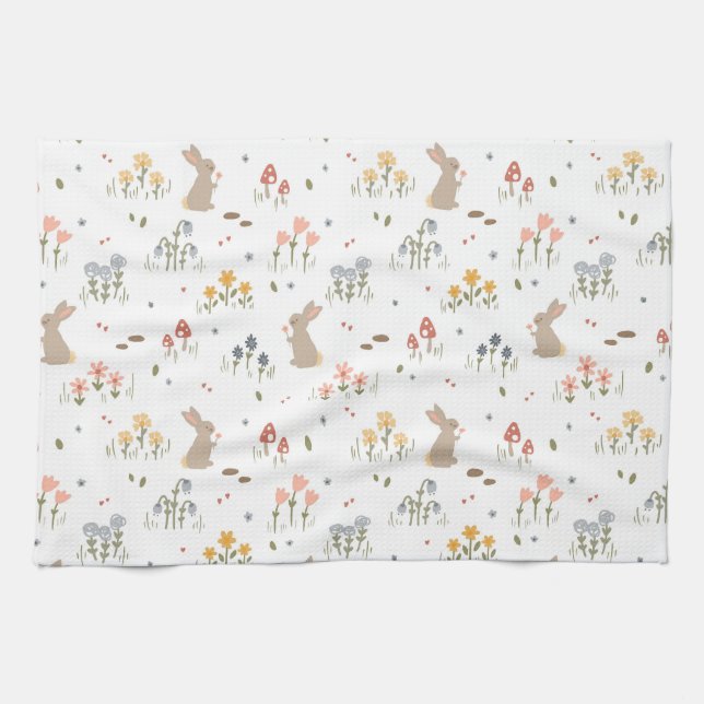 Happy Easter Bunny Wildflowers Cute Kids baking Tea Towel (Horizontal)