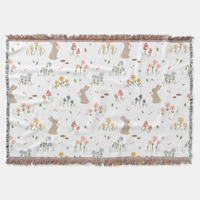Happy Easter Bunny Wildflowers Cute Kids Bedroom Throw Blanket (Front)