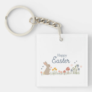 Happy Easter Bunny Wildflowers Cute Kids Holiday Key Ring