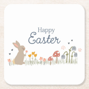 Happy Easter Bunny Wildflowers Cute Kids Holiday  Square Paper Coaster