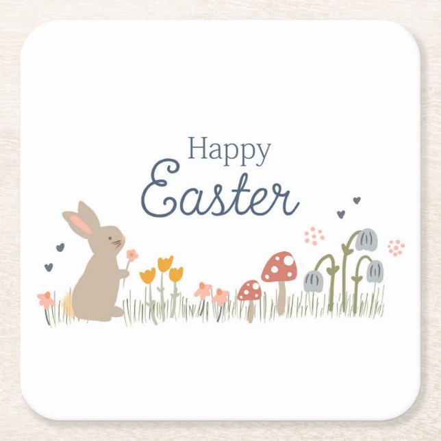 Happy Easter Bunny Wildflowers Cute Kids Holiday  Square Paper Coaster (Front)