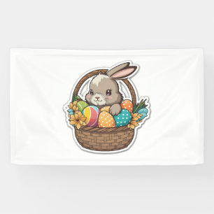 Happy Easter Bunny with a Basket of Colourful Eggs Banner