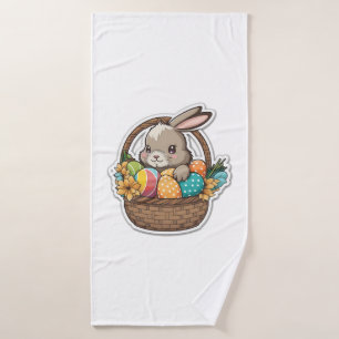Happy Easter Bunny with a Basket of Colourful Eggs Bath Towel