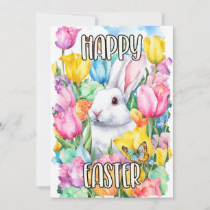 Happy Easter Bunny with Colorful Tulips Holiday Card
