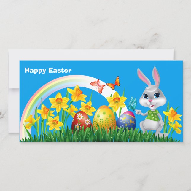 Happy Easter Bunny with coloured eggs Holiday Card (Front)