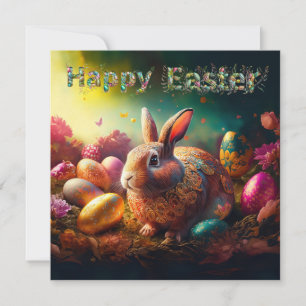 Happy Easter Bunny with Easter eggs Holiday Card