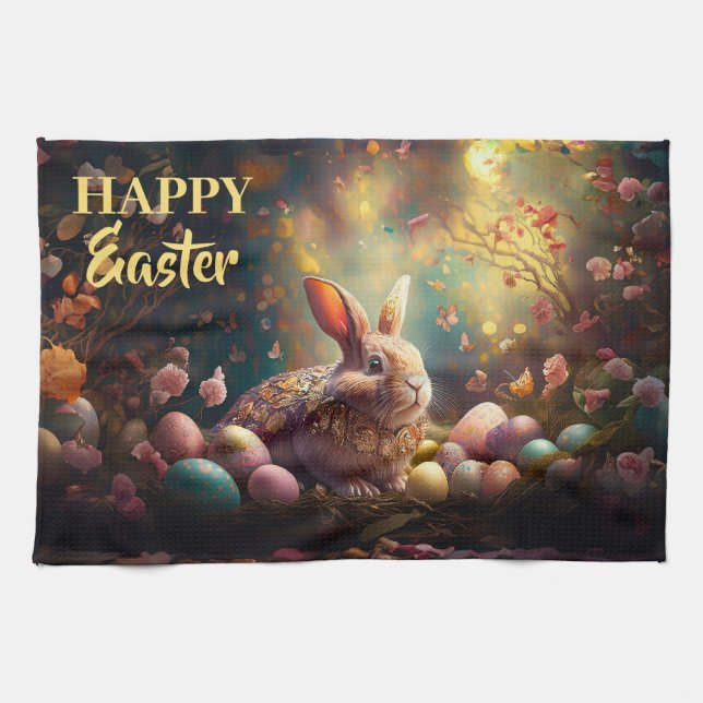 Happy Easter Bunny with Easter eggs Tea Towel (Horizontal)