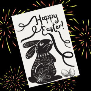 Happy Easter Bunny with Eggs Black and White Holiday Card