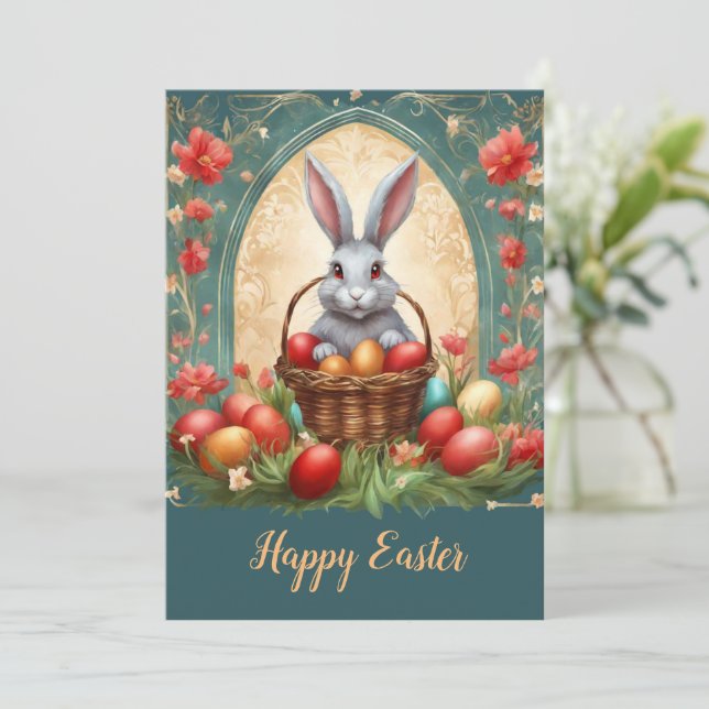Happy Easter bunny with eggs Holiday Card (Standing Front)
