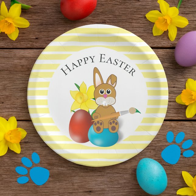Happy Easter Bunny with Holiday Eggs Party  Paper Plate (Happy Easter paper plate with collage bunny & eggs artwork.  A charming plate for family brunch. )