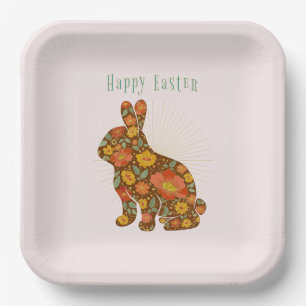 Happy Easter Bunny Yellow Gold Glitter Floral Paper Plate