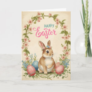 Happy Easter Card - Bunny Floral Wreath