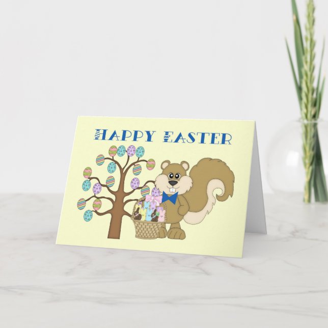 Happy Easter Card - Squirrel with Easter Egg Tree (Front)