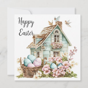 Happy Easter Card, Sweet House Easter Eggs  Holiday Card