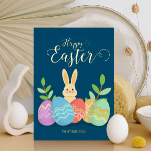 Happy Easter Cartoon Bunny & Eggs Gold