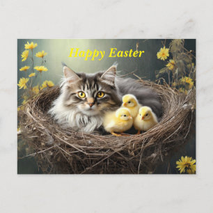 Happy Easter Cat with chicks Postcard