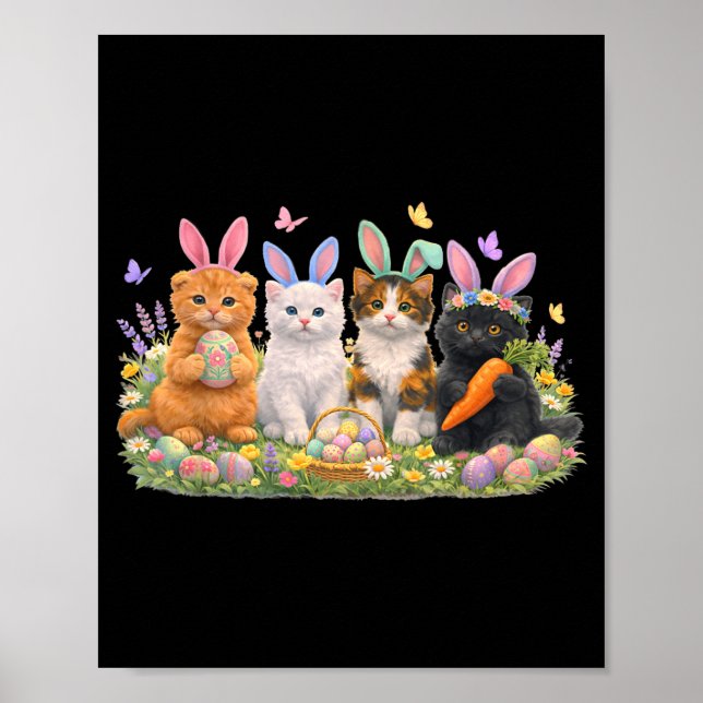 Happy Easter Cats with Bunny Ears Eggs Spring Poster (Front)