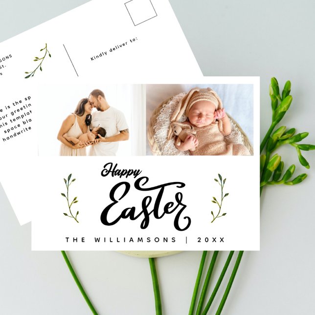 Happy Easter Chic Script Minimalist Two Photo Holiday Postcard (Creator Uploaded)
