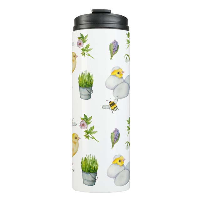 Happy Easter chick and spring flowers Thermal Tumbler (Front)