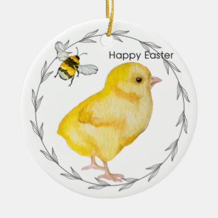 Happy Easter chicken and spring flowers Ceramic Tree Decoration