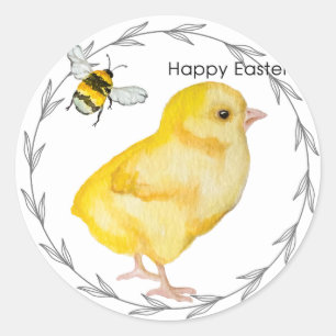 Happy Easter chicken and spring flowers Classic Round Sticker