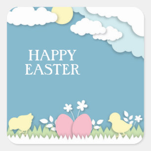 Happy easter chicks and egg in nature square sticker