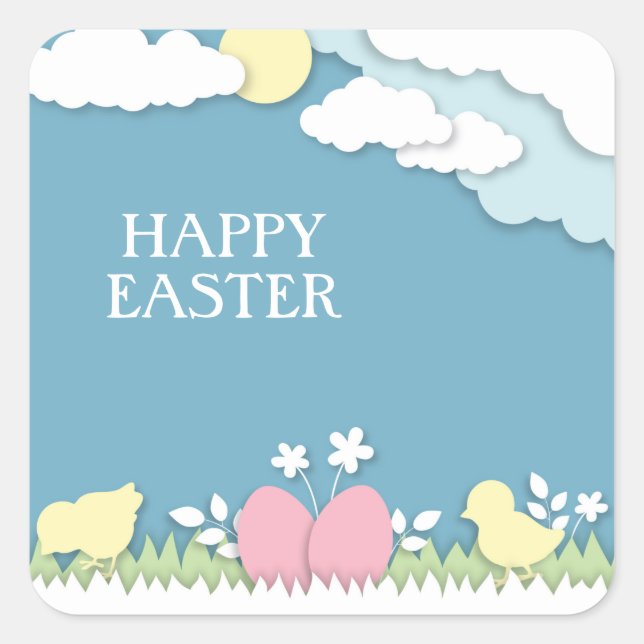 Happy easter chicks and egg in nature square sticker (Front)