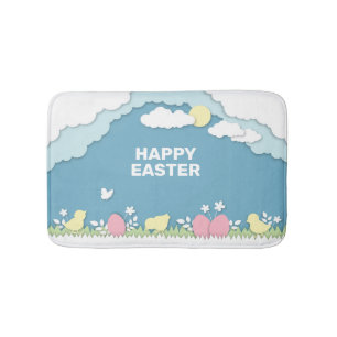 Happy Easter chicks and eggs papercut modern Bath Mat