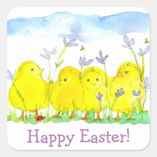Happy Easter Chicks Lady Bug Square Sticker (Front)