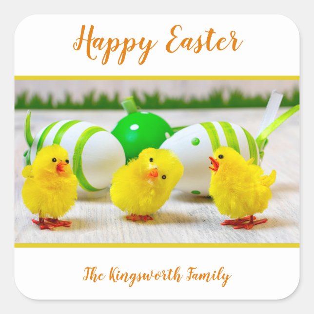 Happy Easter chicks with egg personalised Square Sticker (Front)