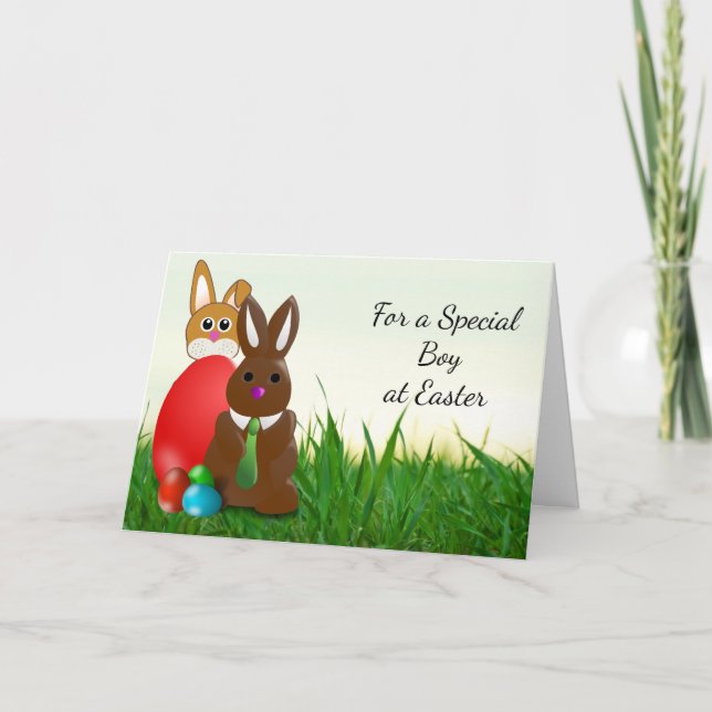 Happy Easter Chocolate Bunny Boy's  Holiday Card (Front)