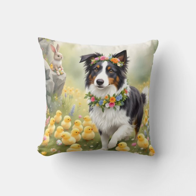 Happy Easter Collie and Chicks Cushion (Front)