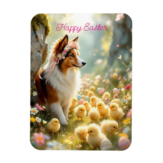 Happy Easter Collie and Chicks Magnet (Vertical)