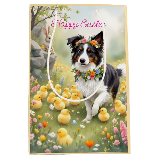 Happy Easter Collie and Chicks Medium Gift Bag (Front)