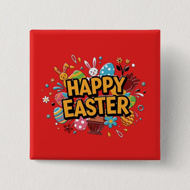 Happy Easter Colorful Bunny & Eggs Pin (Front)
