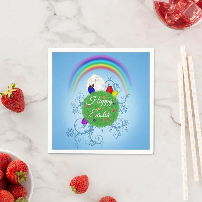 Happy Easter Colorful Planet & Rainbow Cute Bunny Napkin (Insitu)