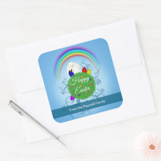 Happy Easter Colorful Rainbow & Planet Cute Bunny Square Sticker