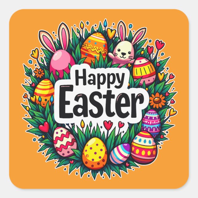 Happy Easter – Colorful Spring Design Autocolante Square Sticker (Front)