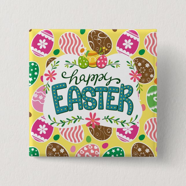 Happy Easter Colourful Easter Eggs Pattern Yellow 15 Cm Square Badge (Front)